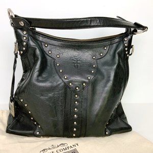 Frye Large Black Leather Studded Hobo Bag Purse